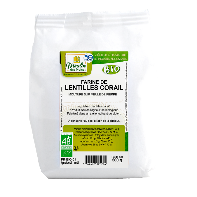 Farine de lentilles corail meule de pierre 500g bio