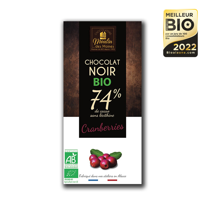Tablette Chocolat noir 74% aux cranberries bio - 100g