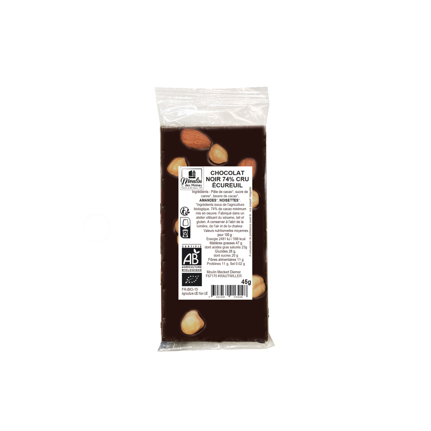 Tablette Chocolat noir 74% écureuil 45g bio