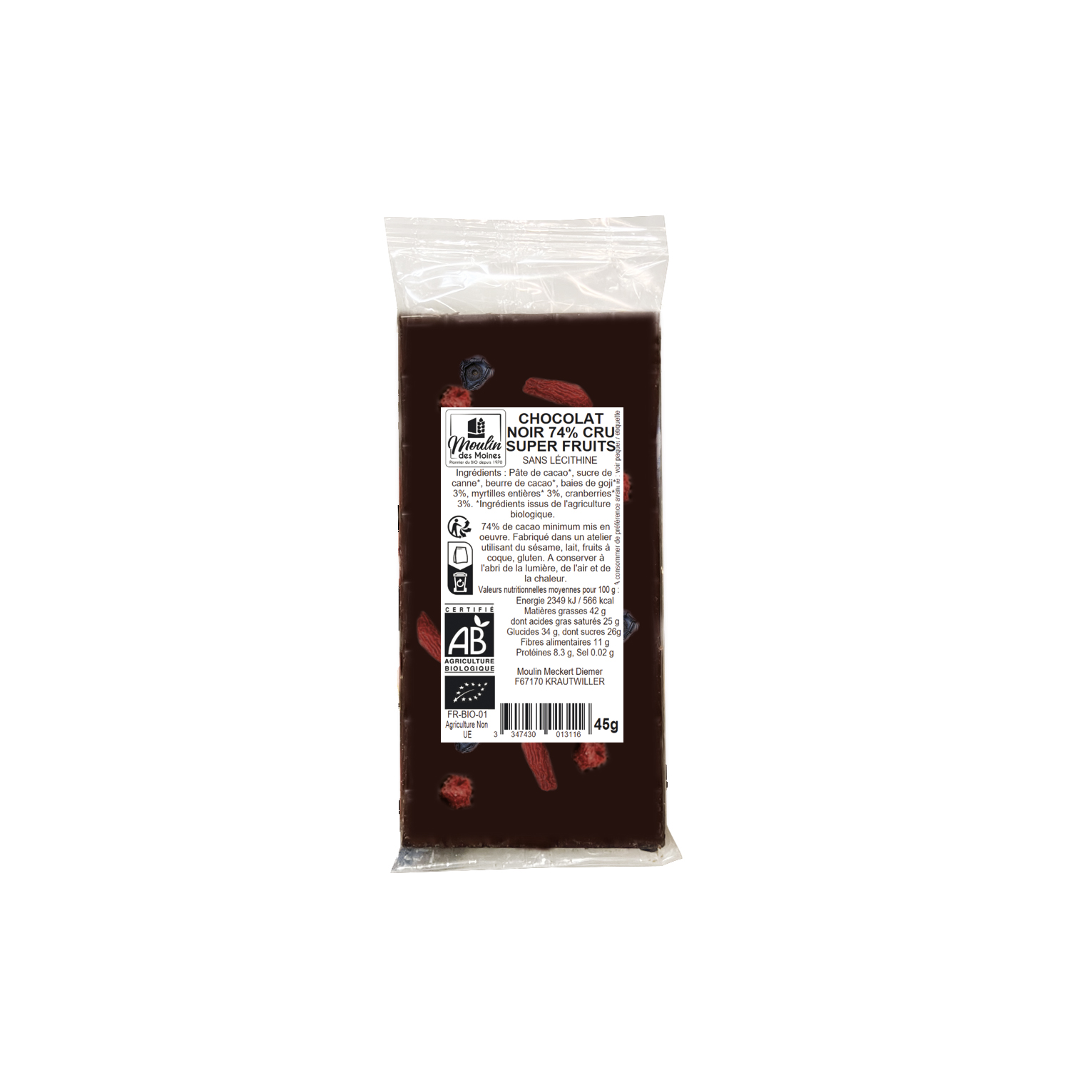 Tablette Chocolat noir 74% super fruits 45g bio