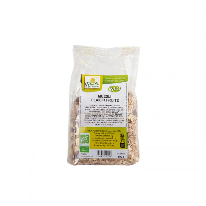 Muesli plaisir fruité bio (Flocons 5 céréales, raisins secs, bananes, noisettes, sésame) - 500g