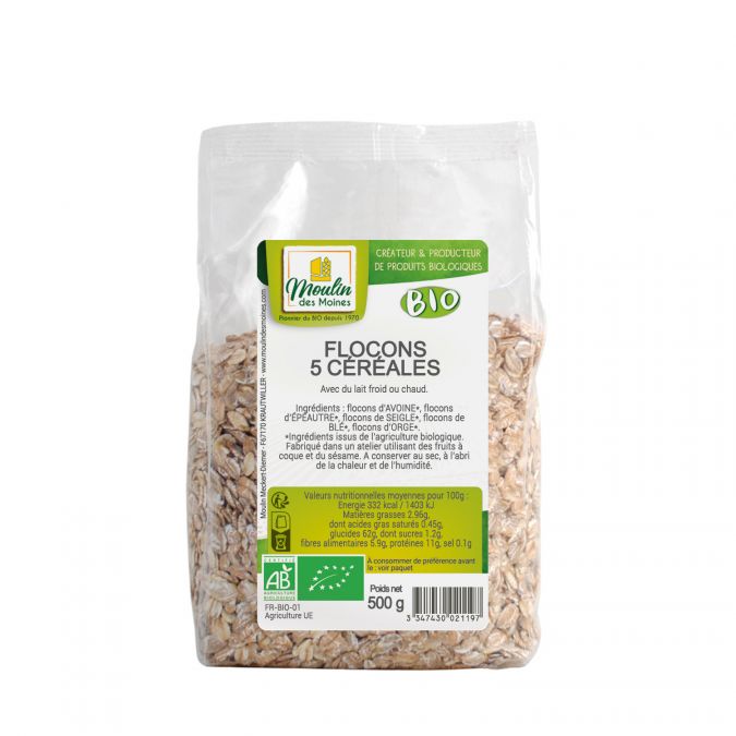 Flocons 5 céréales bio (blé, seigle, avoine, orge, épeautre) - 500g