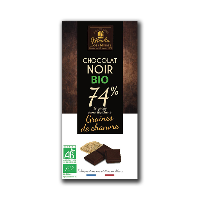 Tablette Chocolat noir 74% aux graines de chanvre 100g bio