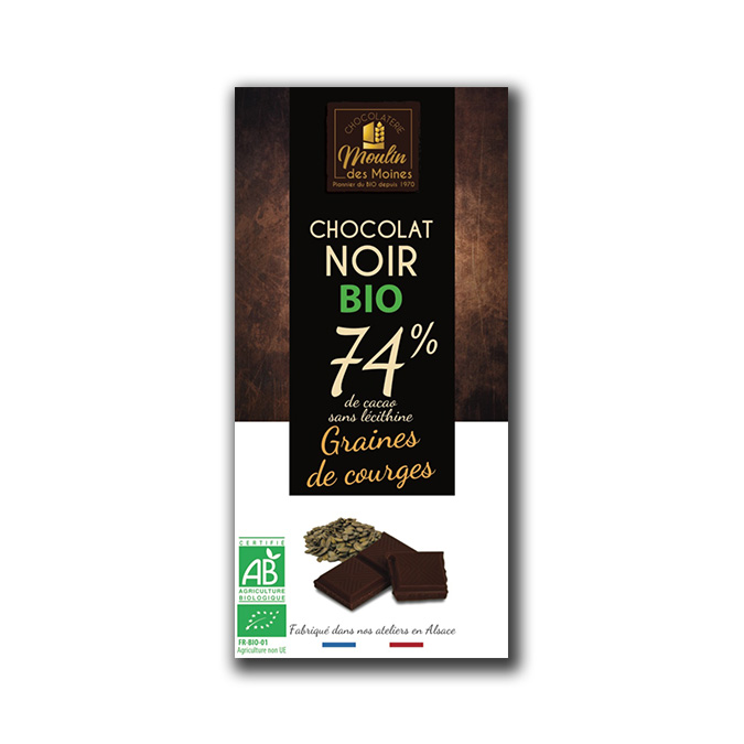 Tablette Chocolat noir 74% aux graines de courge 100g bio
