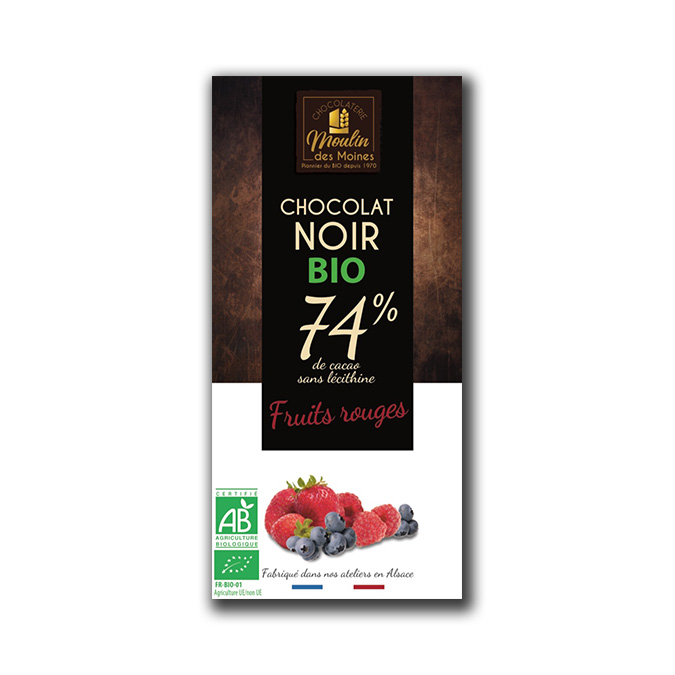 Tablette Chocolat noir 74% aux fruits rouges 100g bio