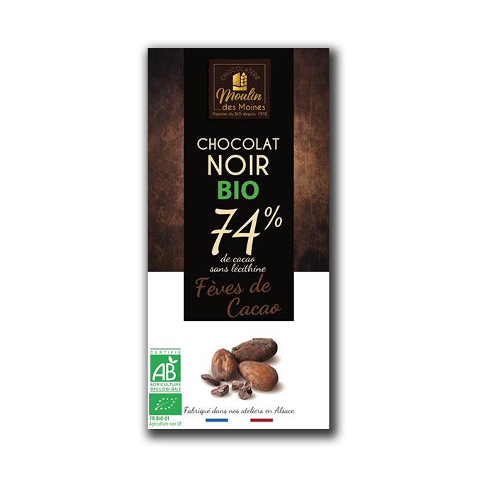 Tablette Chocolat noir 74% aux éclats de fèves de cacao 100g bio