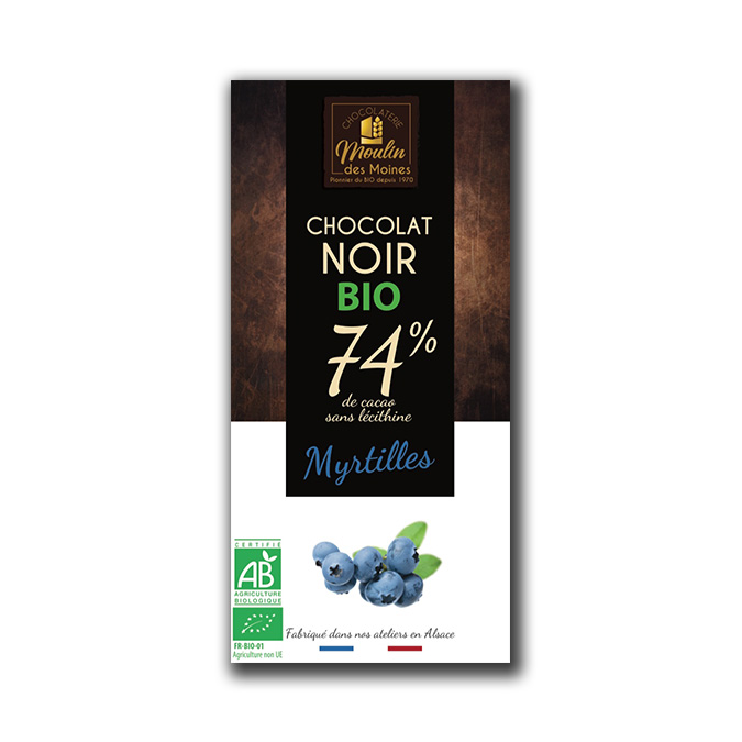 Tablette Chocolat noir 74% aux myrtilles 100g bio